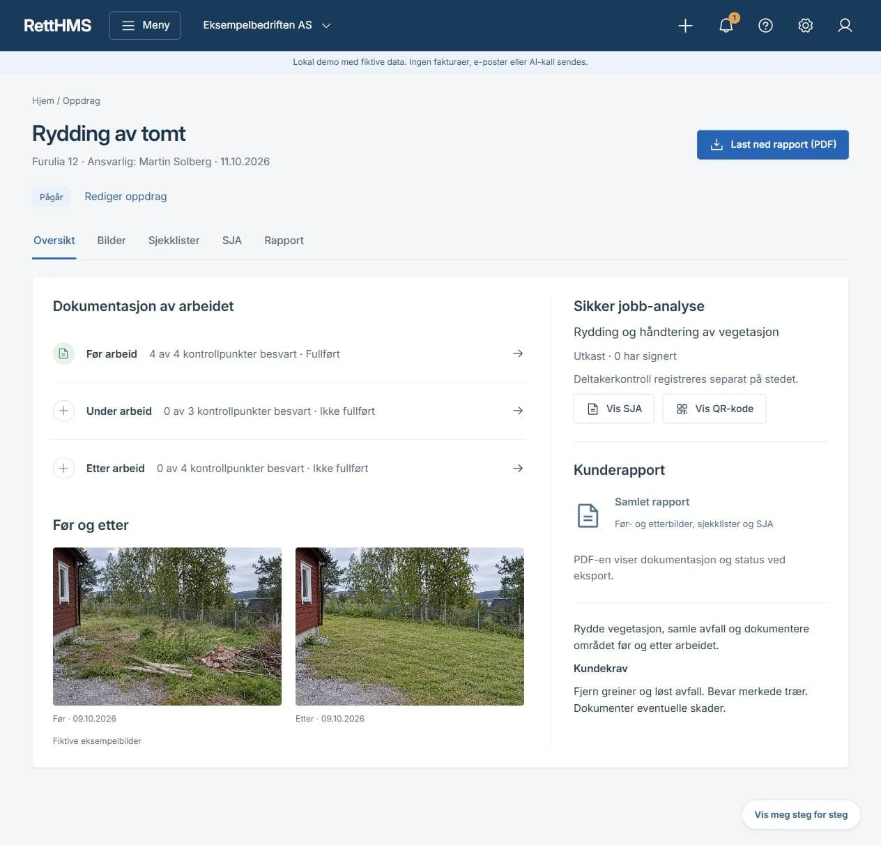 Arbeidsflyten i RettHMS, vist med fiktive demodata