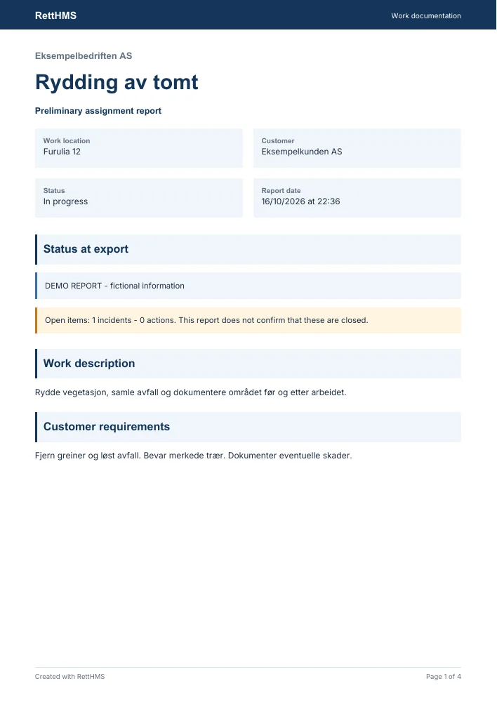First page of a fictional preliminary job report, with visible status at export