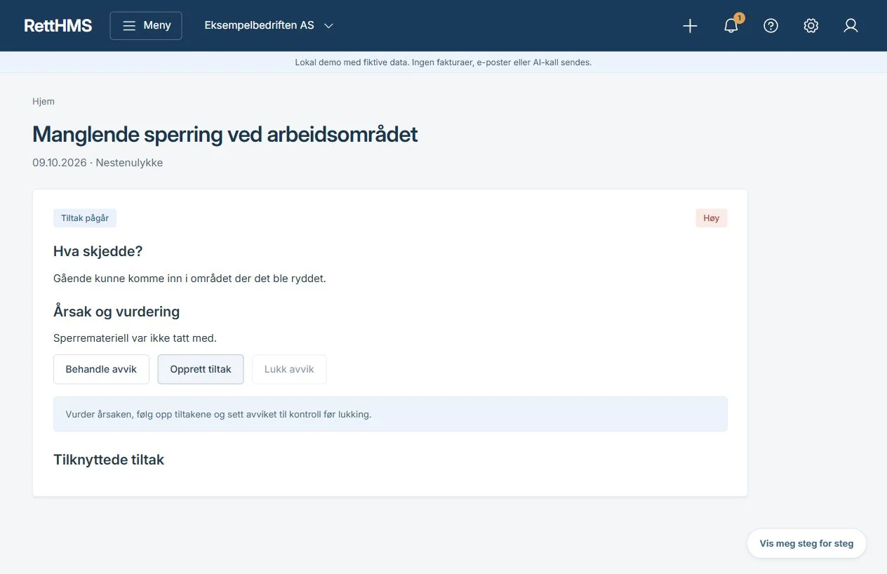 Arbeidsflyten i RettHMS, vist med fiktive demodata